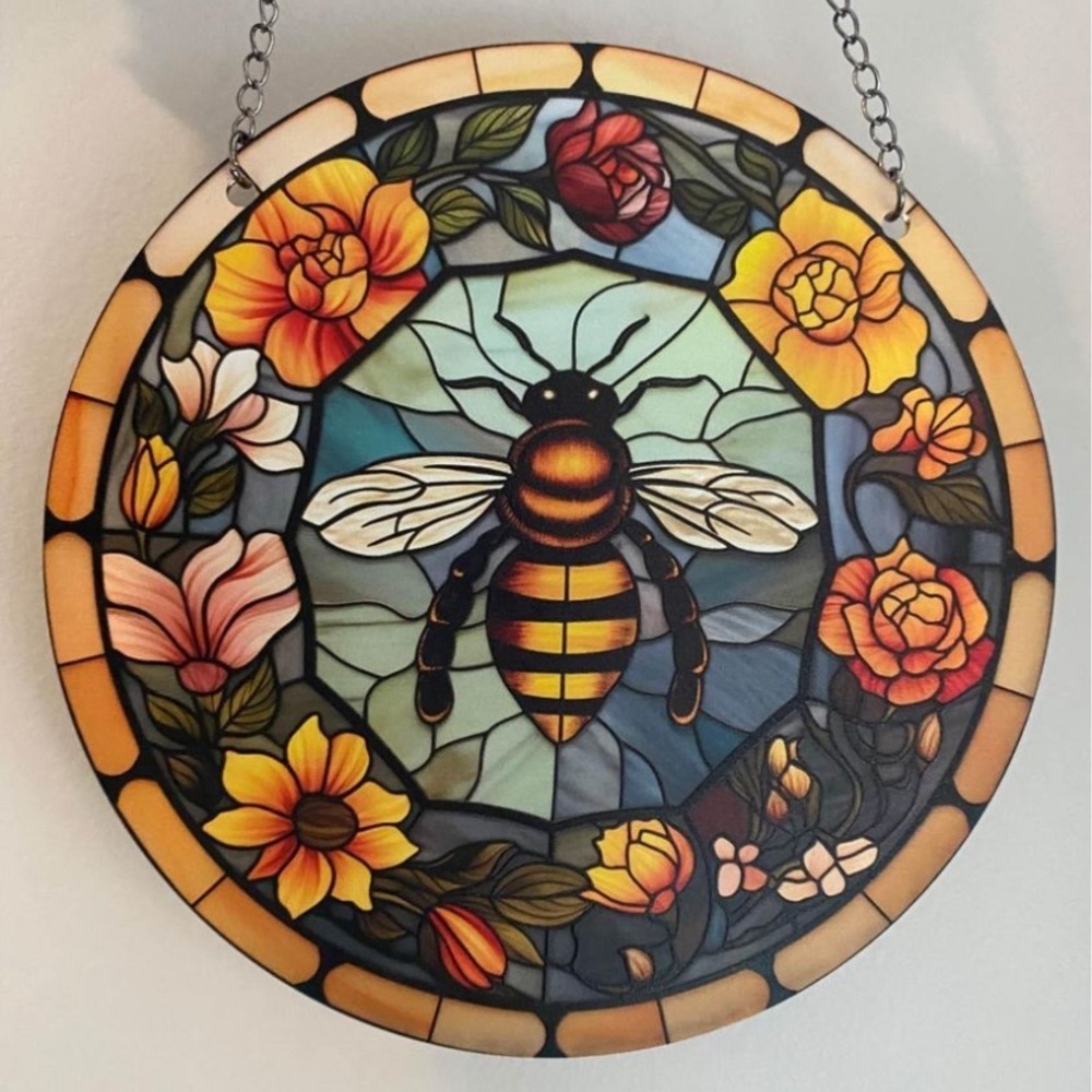 ❤️2 for $25❤️ yellow bumble bee surrounded by flowers, acrylic sun catch